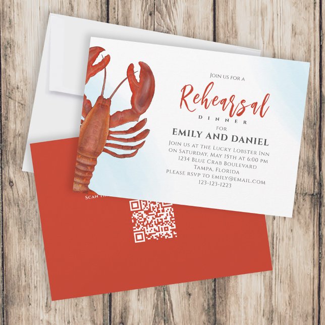 Vattenfärgsrepetition Middag Red Lobster QR-kod Inbjudningar (Skapare uppladdad)