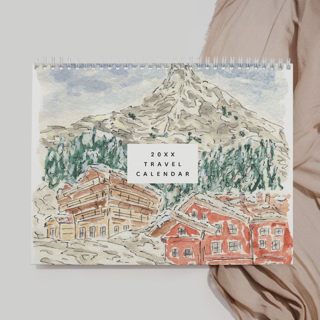 Vattenfärgsresor Kalender (Watercolor Travel Calendar - Swiss Alps, Morocco, California, France, China, and more!)