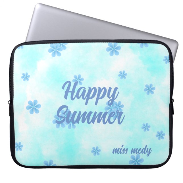 vattenfärgsretro blue blommigt handmålad laptop fodral (Framsidan)