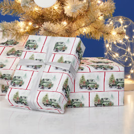 VattenfärgsRetro Grönt Lastbil i Snöflingor Presentpapper