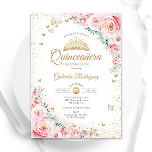 VattenfärgsRo Rosa Blommigt Quinceanera Inbjudningar