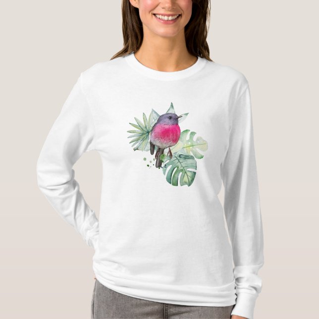 VattenfärgsRobin Rosa Robin med Tropical Löv T Shirt (Framsida)