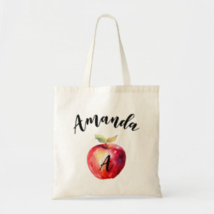 Vattenfärgsröd äpple, böjt Namn-Monogram Tygkasse