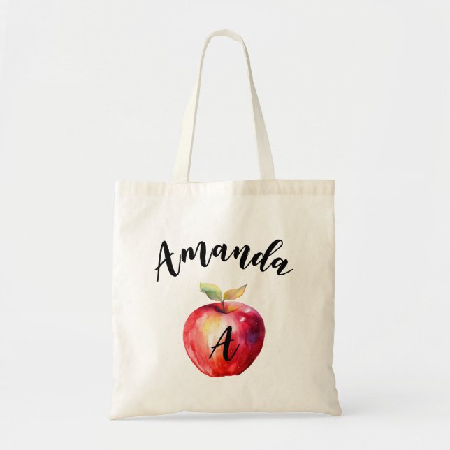 Vattenfärgsröd äpple, böjt Namn-Monogram Tygkasse (Framsidan)