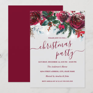 Vattenfärgsröd Blommigt jul Party Inbjudningar