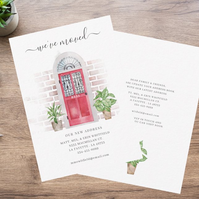 Vattenfärgsröd dörr, Vi har flyttat Flytta Anteckningskort (Watercolor Red Door We've Moved Moving Note Card)