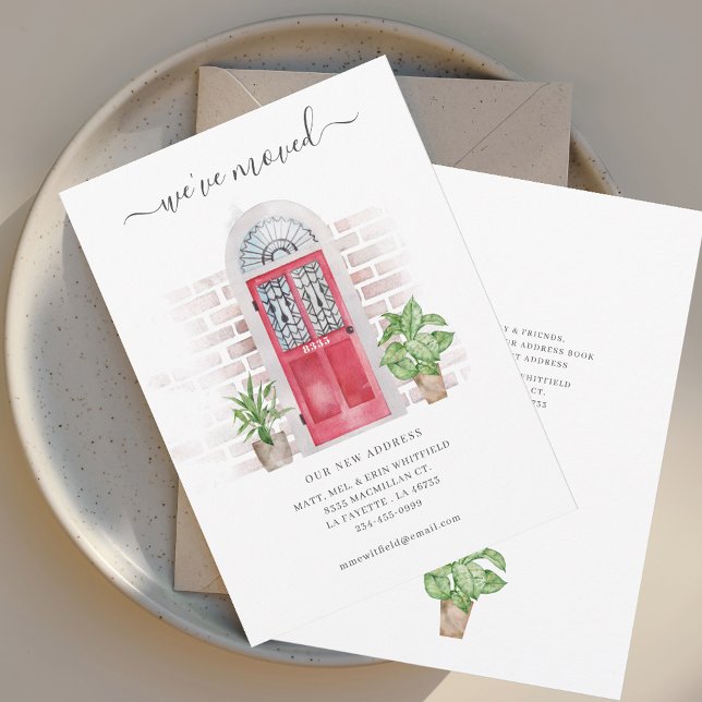 Vattenfärgsröd dörr, Vi har flyttat Flytta Meddelande (Watercolor Red Door Moving Announcement)