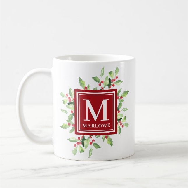 Vattenfärgsröd Grönt Monogram jul Mugg (Vänster)