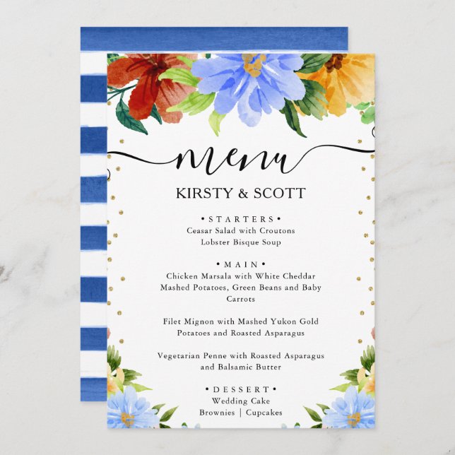 Vattenfärgsröd, Gult och Blåa blommor Bröllop Meny (Fram/baksida)