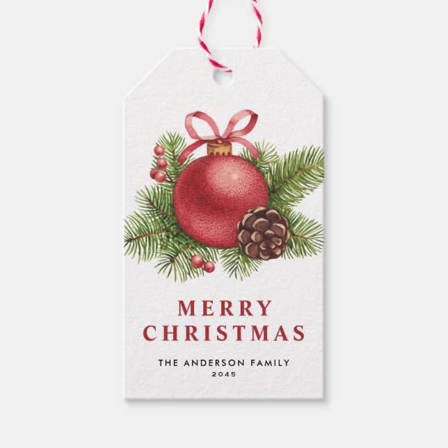 Vattenfärgsröd jul Boll Ornament Helgdag Presentetikett (Framsidan)
