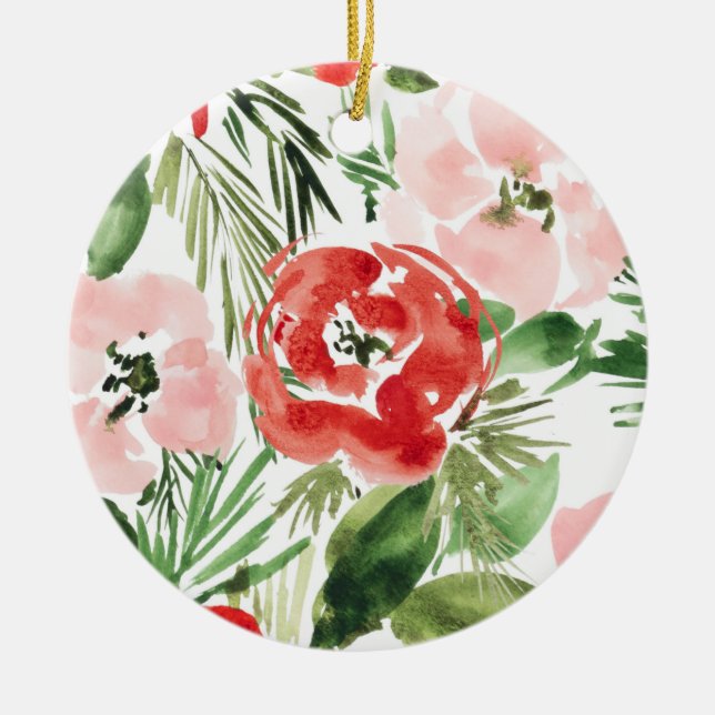 Vattenfärgsröd och rosa blommigt design julgransprydnad keramik (Framsidan)