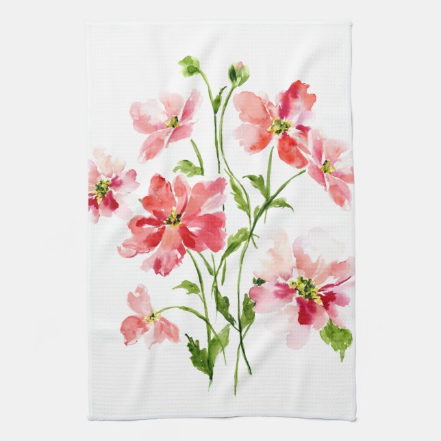 Vattenfärgsröd rosa-vallmo-blommigt kökshandduk (Vertikal)