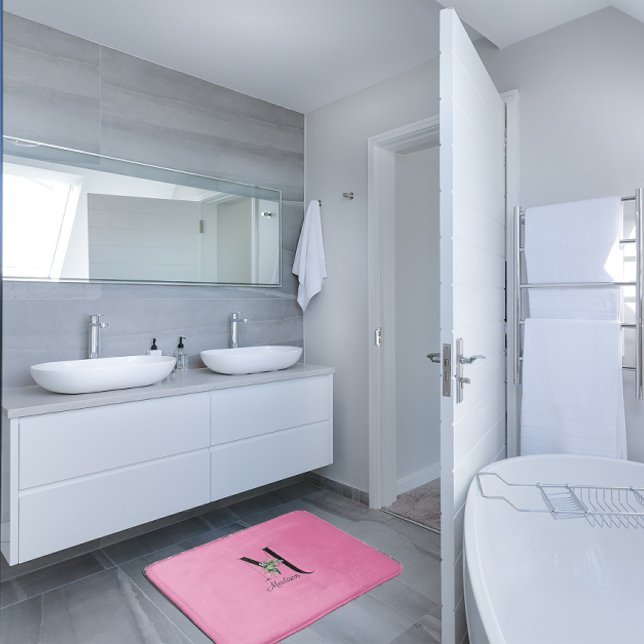 Vattenfärgsröd vilda blommor i monogram rosa badrumsmatta (Skapare uppladdad)