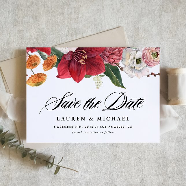 Vattenfärgsröda Amaryllis och höstblommor Spara Datumet (Announce your special day with this elegant save the date card featuring romantic watercolor florals)