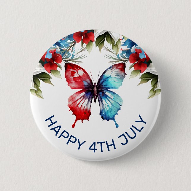 Vattenfärgsröda, blå och vita blommor 4 juli knapp (Framsida)