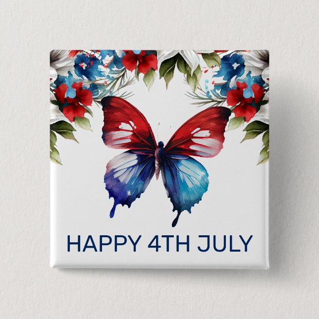 Vattenfärgsröda, blå och vita blommor 4 juli knapp (Framsida)