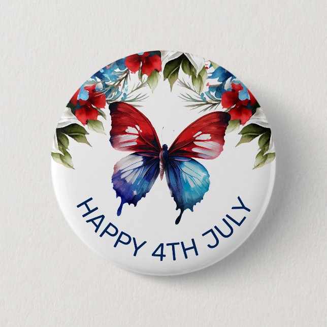 Vattenfärgsröda, blå och vita blommor 4 juli knapp (Framsida)
