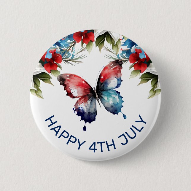 Vattenfärgsröda, blå och vita blommor 4 juli knapp (Framsida)