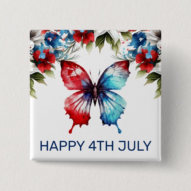 Vattenfärgsröda, blå och vita blommor 4 juli knapp (Framsida)