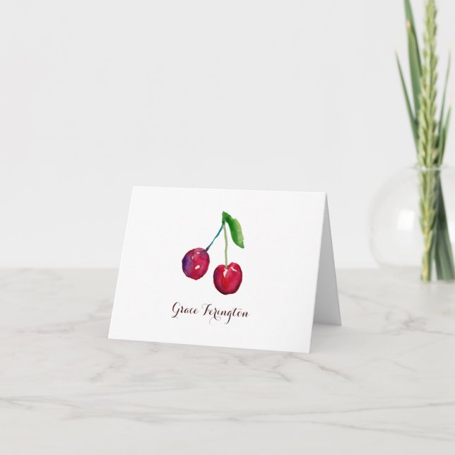 Vattenfärgsröda Cherries Boho Hand-Drawn Note Card Anteckningskort (Framsida)