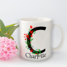 Vattenfärgsröda vilda blommor i monogram kaffe mug kaffemugg