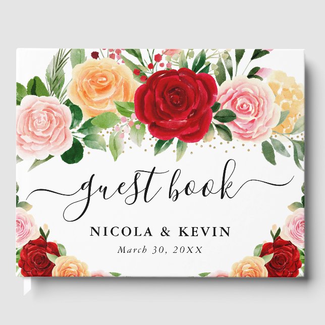 Vattenfärgsrödor och Orange Ro Blommor Bröllop Gästböcker (Framsida)