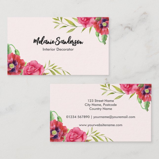 Vattenfärgsrödor och Rosa Blommor på Ljusa rosa Visitkort (Fram/baksida)