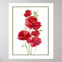 Vattenfärgsrödpoppies & Hummingbird Garden art
