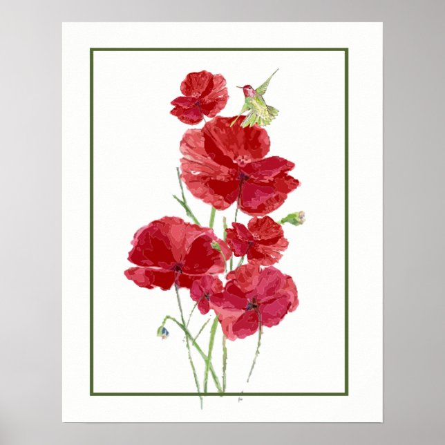 Vattenfärgsrödpoppies & Hummingbird Garden art Poster (Framsidan)