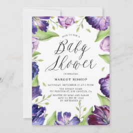 Vattenfärgsrör Lila Tulips Blommigt Ram Baby Showe Inbjudningar