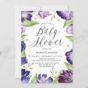 Vattenfärgsrör Lila Tulips Blommigt Ram Baby Showe Inbjudningar