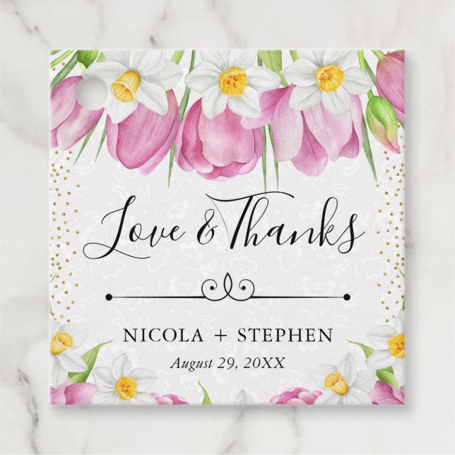 Vattenfärgsrör Rosa Tulips och Daffodils Bröllop Gåvor Etiketter (Framsida)
