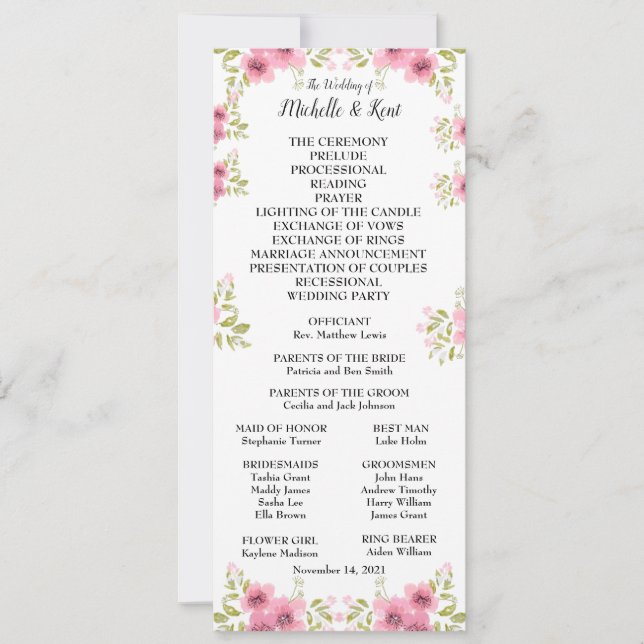 VattenfärgsRosa Anemone Bröllopsprogram & Menu Inbjudningar (Framsida)