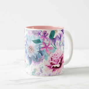 Vattenfärgsrosa, blåa blommor. Två-Tonad mugg