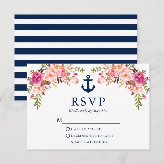VattenfärgsRosa Blommigt Anchor Blue Rand OSA Kort (Fram/baksida)