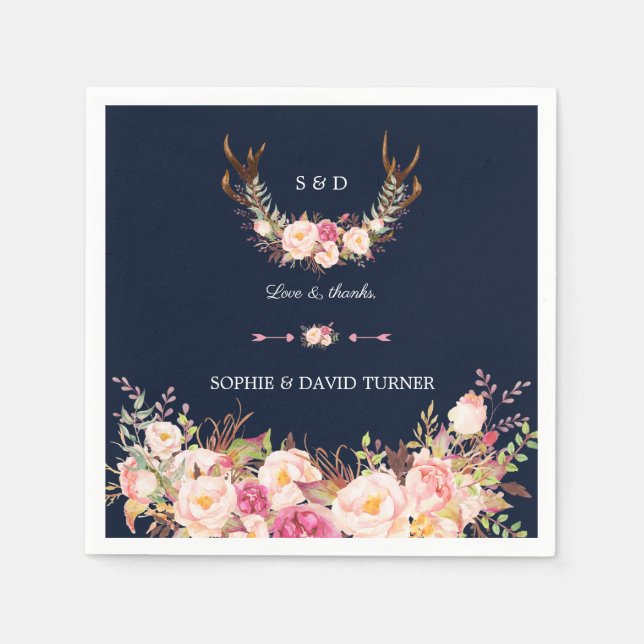 VattenfärgsRosa  Blommigt Antlers Bröllop Pappersservett (Framsidan)