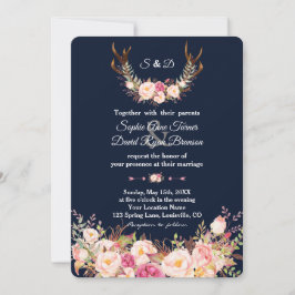 VattenfärgsRosa  Blommigt Antlers Navy Bröllop Inbjudningar