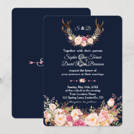 VattenfärgsRosa Blommigt Antlers Navy Bröllop Inbjudningar