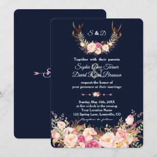 VattenfärgsRosa  Blommigt Antlers Navy Bröllop Inbjudningar