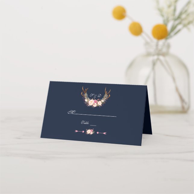 VattenfärgsRosa  Blommigt Antlers Navy Bröllop Placeringskort (Baksida)