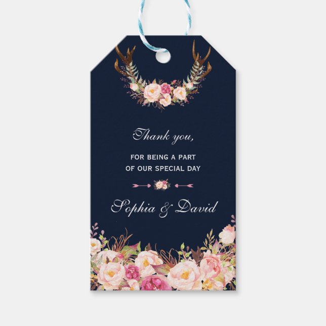 VattenfärgsRosa  Blommigt Antlers Navy Bröllop Presentetikett (Framsidan)