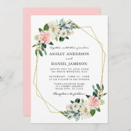 VattenfärgsRosa Blommigt Elegant Guld Ram Inbjudningar