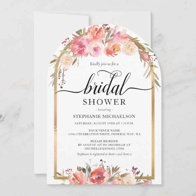 VattenfärgsRosa Blommigt Guld Arch-Möhippa Inbjudningar (Framsida)