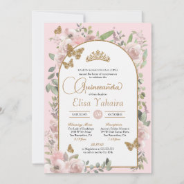 VattenfärgsRosa Blommigt Guld Butterfly Quinceañer Inbjudningar