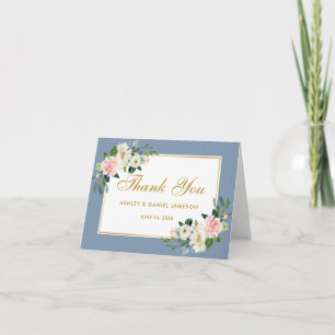 VattenfärgsRosa Blommigt Guld Dusty Blue Bröllop Tack Kort