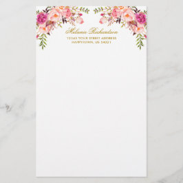 VattenfärgsRosa Blommigt Guld Personlig Brevpapper