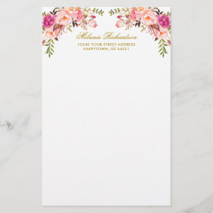 VattenfärgsRosa  Blommigt Guld Personlig Brevpapper