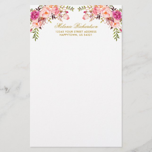 VattenfärgsRosa  Blommigt Guld Personlig Brevpapper (Framsida)