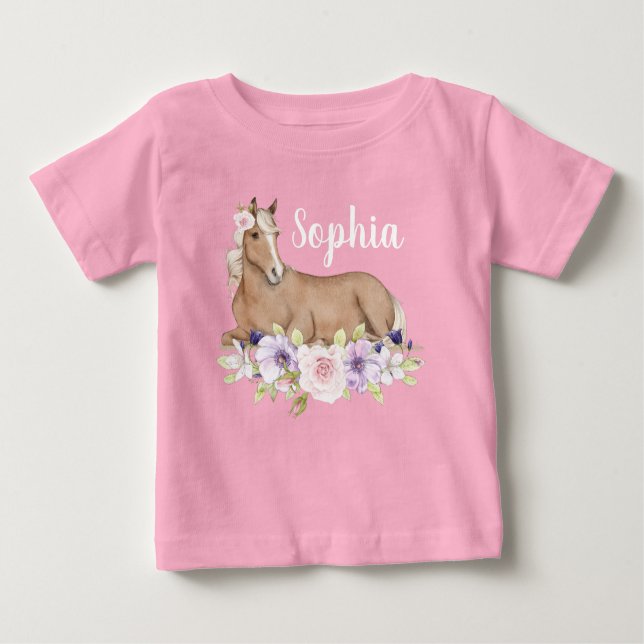VattenfärgsRosa Blommigt Horse Birthday T Shirt (Framsida)