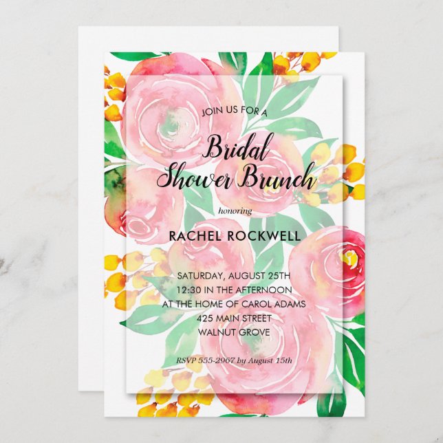 VattenfärgsRosa Blommigt Inbjudningskort för möhip (Fram/baksida)